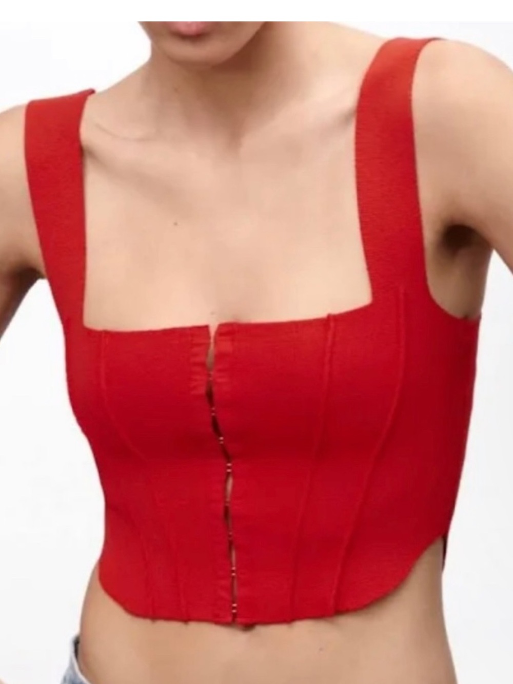 Zara Red Corset Top size medium square neck hook and eye front closure crop top